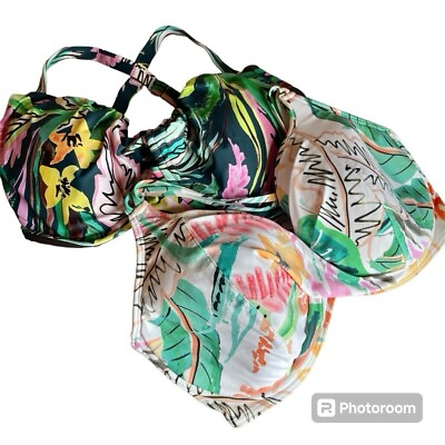 #ad Birdsong TWO bikini tops tropical prints Size 32 I Padded Bra Underwire Beach $50.00