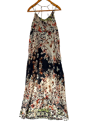 #ad She Sky Silk Floral Maxi Dress Long Boho Womens S V Neck Strappy Back Lined $19.50