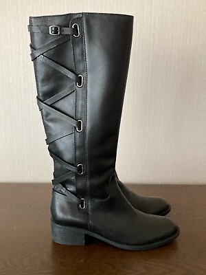 #ad NEW BCBG Womens Boots Size 6.5 Black leather Knee High $49.95