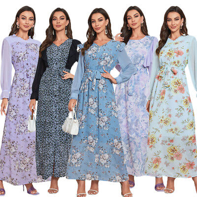 #ad #ad Abaya Women Floral Kaftan Elegant Long Sleeve Maxi Dress Dubai Muslim Party Gown $34.54