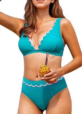 #ad CUPSHE Women#x27;s High Waisted Bikini V Neck Scalloped Two Piece Swimsuit Small $11.89