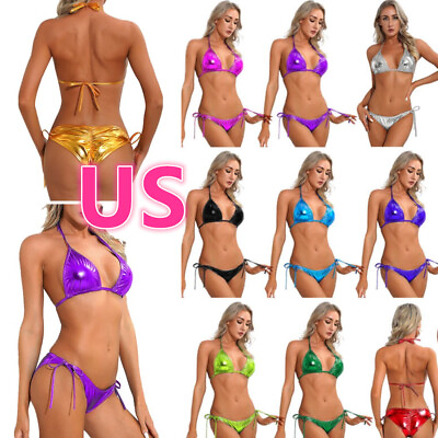 US Women Metallic Triangle Bras with Briefs Swimsuit Push Up Bathing Bikini Set $7.35