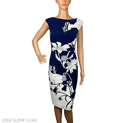 #ad Ralph Lauren Dark Navy Blue White Sleeveless Floral Print Cocktail Dress Size 0 $25.80