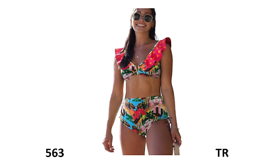 #ad SPORLIKE Women High Waisted Swimsuit V Neck Ruffle Bikini SetPrint19871P1Small $28.79