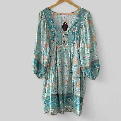 #ad Bluetime Floral Boho Dress Woman’s 2X Long Sleeve Pullover V Neck $18.88