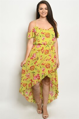 Womens Plus Size Cold Shoulder Maxi Dress 3X Lime Yellow High Low $23.96