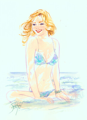 #ad Playboy Artist Doug Sneyd Signed Original Art Sketch Blond In Bikini On Beach $229.99
