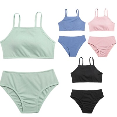 #ad Girls Swimsuit Basic Bikini Sets Spaghetti Strap Bralette Tops and Swim Briefs $16.57