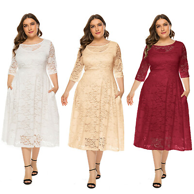 #ad #ad Plus Size Women Lace Midi Dress Cocktail Party Wedding Evening Dress 3 4 Sleeve $36.99