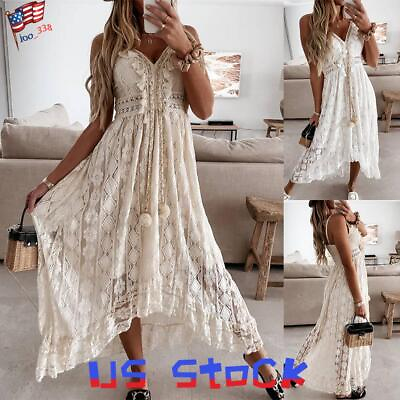 #ad Women#x27;s Boho Lace Long Maxi Dress Ladies V Neck Summer Holiday Cami Sundress US $29.99