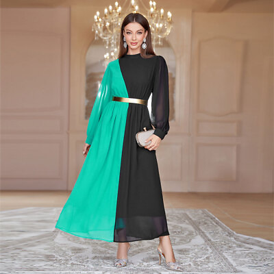 #ad Womens Round Neck Colorblock Long Sleeve Maxi Dresses Elastic Waist Sundresses $37.99