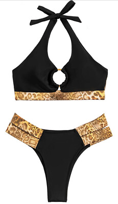 #ad SUMERSHE Halter Bikini Push Up Padded Black Leopard Swimsuit Strappy sz M $14.95