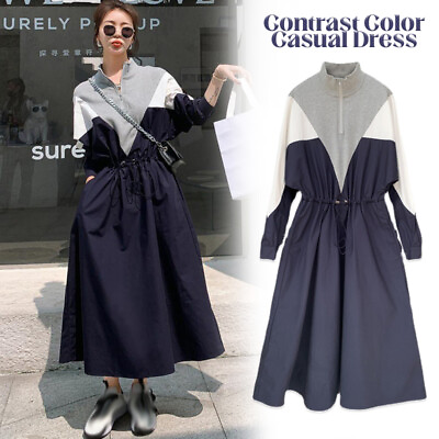 #ad Women Contrast Color Casual Dress Half Open Collar Streetwear Vintage Dress $40.65