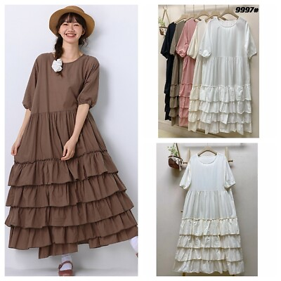 #ad Women 100% Cotton Maxi Dress Layered Short Sleeve Ruffle Boho Flowy Long Dresses $25.63