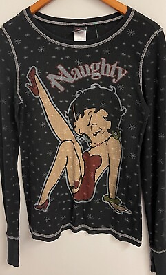 Betty Boop Junior Plus 2X 19 quot;Naughtyquot; Black Thermal Tee Shirt Long Sleeve $19.99