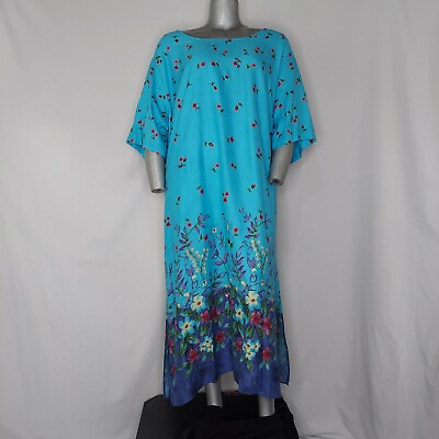 Roamans Vintage Kaftan Dress 4X Turquoise Blue Floral Maxi 3 4 Maxi Boat Neck $49.93