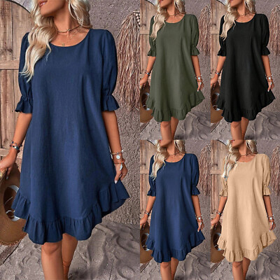 #ad Womens Half Sleeve A Line Solid Round Neck Sundress Ladies Loose Beach Dresses $18.96