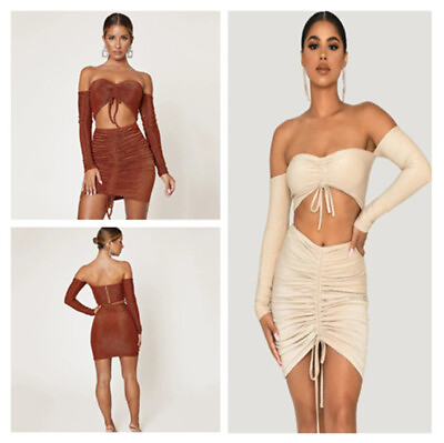 #ad Women#x27;s Two Piece Bodycon Outfit Off Shoulder Drawstring Crop Top and Skirt Set $25.15
