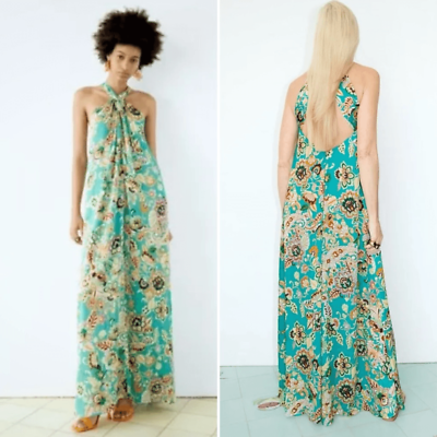 #ad Zara Satin Voile Green Floral Maxi Dress XS $41.60