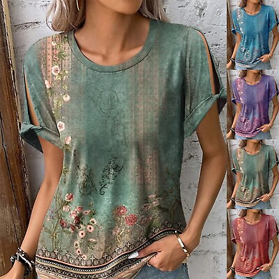 #ad Women Boho Floral T Shirt Tops Short Sleeve Casual Loose Tee Blouse Plus Size $13.29