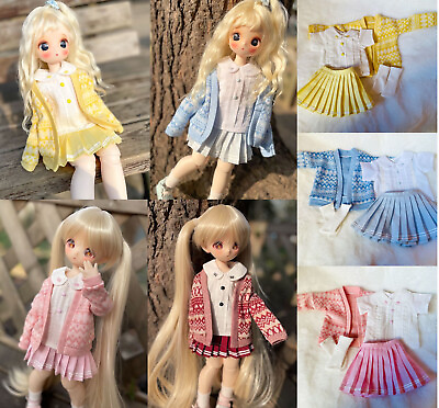1 4MSD MDD BJD Doll Outfit Cardigan Shirt JK Pleated Skirt Socks Yellow PinkBlue $27.82