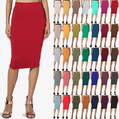 Women#x27;s Comfort Stretch Cotton Jersey Elastic High Waist Knee Midi Pencil Skirt $12.99