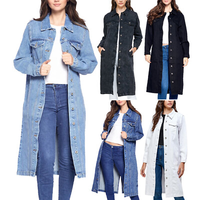 Women#x27;s Maxi Length Denim Cotton Oversize Long Casual Coat Button Up Jean Jacket $41.15
