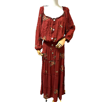 #ad Fig and Flower Maroon Floral Embroidered Button Tiered Boho Maxi Dress size 3X $27.30