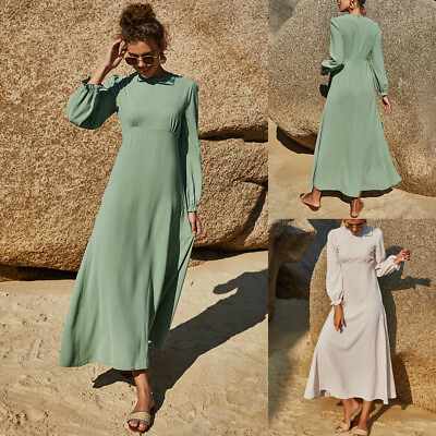 #ad Muslim Summer Women Long Sleeve Maxi Dress Abaya Kaftan Caftan Chiffon Robe Gown $35.80