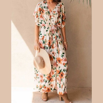#ad NWT Fantastic Floral maxi dress white amp; pink boho long button front dress Oddy $45.00