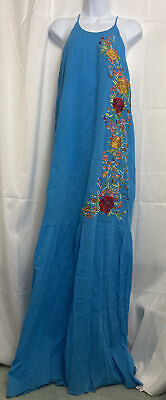 #ad Lulumari Sleeveless Blue Teal Long Tiered Embroidered Floral Maxi Dress M P2P17” $24.00