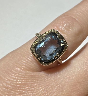 #ad Vintage 9K Yellow Gold Blue Topaz Solitaire Cocktail Size 5 Ring DD4 $256.49