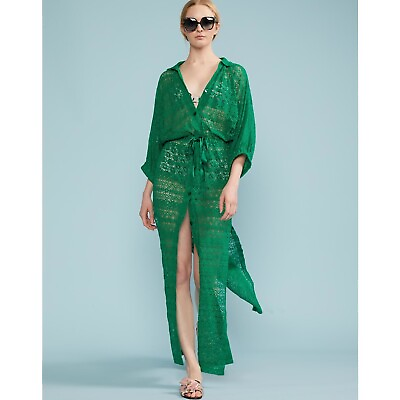 #ad #ad Beach Coverup Medium Lace Drawstring Kaftan Maxi Shirt Dress Swim $295 NWT Green $94.00