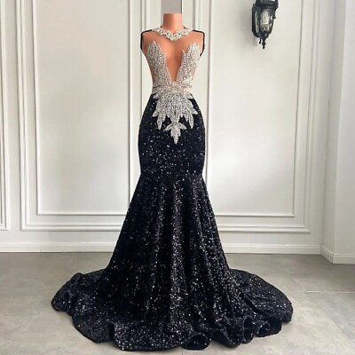 #ad Long Black Dresses Sexy Luxury Sparkly Beaded Diamond Sequined Formal Gowns $414.89
