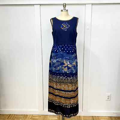 #ad Carole Little Dress Women Vintage 10 Blue 100% Linen Maxi Aztec Open Back Autumn $116.00