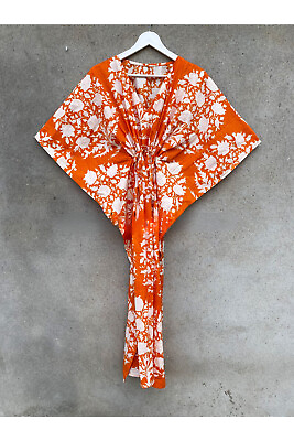 #ad Indian Cotton Kaftan Orange Floral Maxi Women Caftan Dress Beach Bikini Cover up $28.99