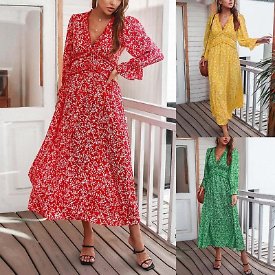 #ad #ad Women#x27;s Floral Print Boho Dress Long Sleeve Wrap V Neck Ruffle Belted A Line $34.33
