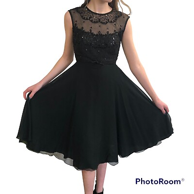 #ad Vintage 70s Little Black Dress XS Sleeveless Full Skirt Beaded Bodice Cocktail $25.99