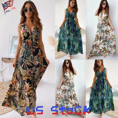 #ad US Women#x27;s Summer Boho Floral Maxi Dress Party Beach Cocktail Evening Sundress $22.39