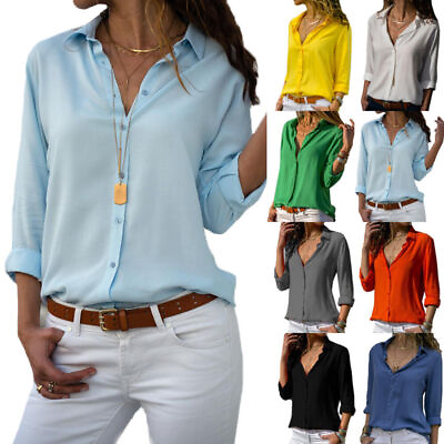 Womens Casual Button Up Shirt Ladies V Neck Long Sleeve Tops Blouse Plus Size $14.81