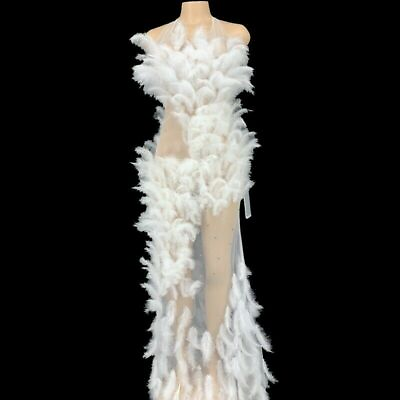#ad Sexy Mesh White Feathers Long Dress Women Evening Party Dresses Stage Clothes $144.54