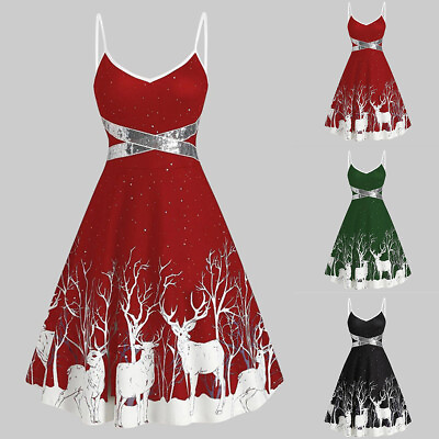 #ad Women Christmas Reindeer Skater Dress Ladies Strappy Xmas Party Swing Dresses $22.69