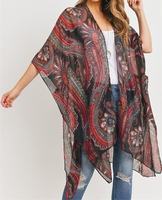 #ad RedBlack Boho Paisley Print Lightweight Cardigan Duster Scarf Wrap Kimono One Sz $16.95