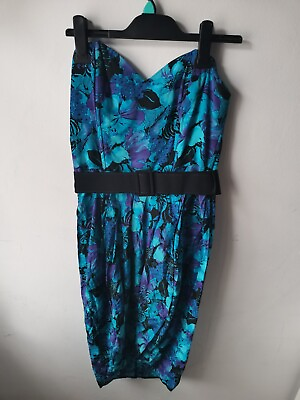 #ad Vintage Cocktail Dress Size 14 Strapless Blue Belted Retro Floral Needs TLC GBP 10.99