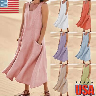 Women#x27;s Cotton Linen Sleeveless Maxi Dress Ladies Solid Pockets Summer Sundress $11.39