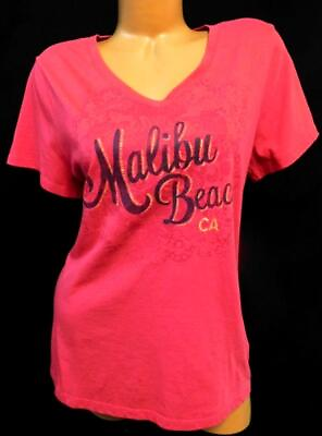 #ad Pink malibu beach ca logo v neckline short sleeve women#x27;s plus size top XL $14.99