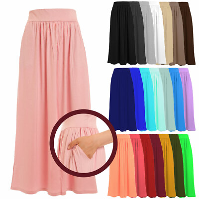 Women#x27;s Full Length Rayon Span Maxi Skirt with Pockets Size:S 5X PLUS USA 1026 $22.99