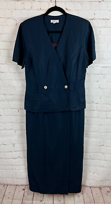TALBOTS blue linen blend faux wrap faux skirt suit dress size 8 Vintage $22.00