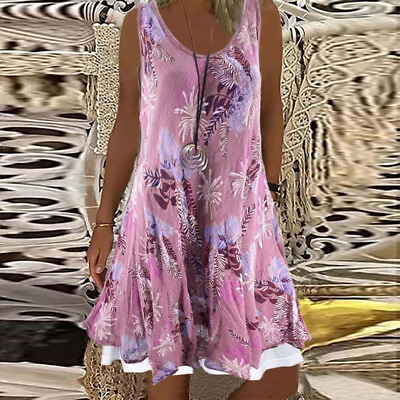 #ad Womens Boho Print Summer Mini Dress Casual Beach Sleeveless Sun Dress Plus Size $19.66