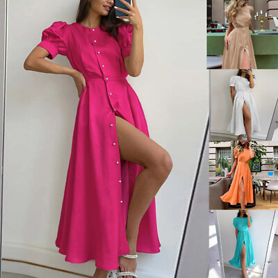 #ad New Women Stylish Buttons Short Sleeves Front Slit Solid Club Party Midi Dress $32.92